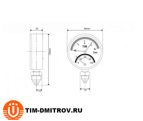 Термоманометр радиальный, TIM, 10 бар, Y-80-10