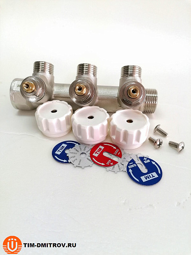 Коллектор с регулирующими вентилями под 90 градусов 3/4"х1/2"-3 отвода TIM арт.MR-03N-3