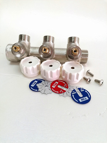 Коллектор с регулирующими вентилями под 90 градусов 3/4"х1/2"-3 отвода TIM арт.MR-03N-3