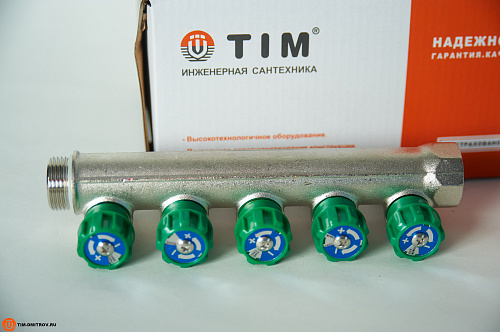 Коллектор распределительный вентильный 3/4&quot;, 5 отводов 1/2&quot; под евроконус, TIM арт. MR135N-3/4-5