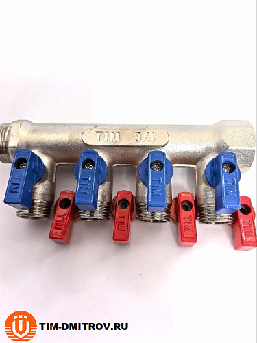 Коллектор с шаровыми кранами TIM 3/4" х 1/2" под конус - на 4 выхода MV-3/4-N-4