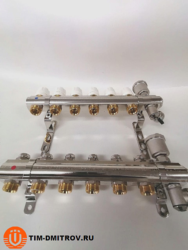 Коллекторная группа 1", 6 ходов латунный корпус без расходомера и кранов TIM KB006