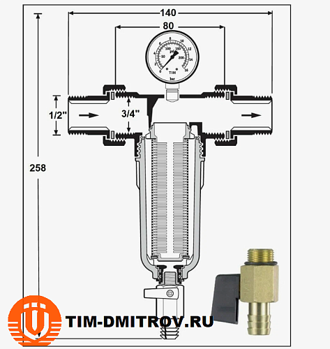 Фильтр механической очистки TIM JH-2001 муфтовый (НР/НР) 3/4&quot;, латунь, со сливом, с манометром