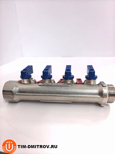 Коллектор с шаровыми кранами TIM 3/4" х 1/2" под конус - на 4 выхода MV-3/4-N-4
