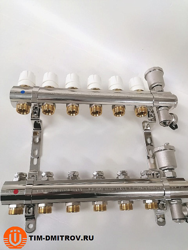 Коллекторная группа 1", 6 ходов латунный корпус без расходомера и кранов TIM KB006