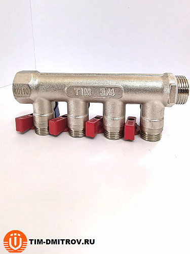 Коллектор с шаровыми кранами TIM 3/4" х 1/2" под конус - на 4 выхода MV-3/4-N-4