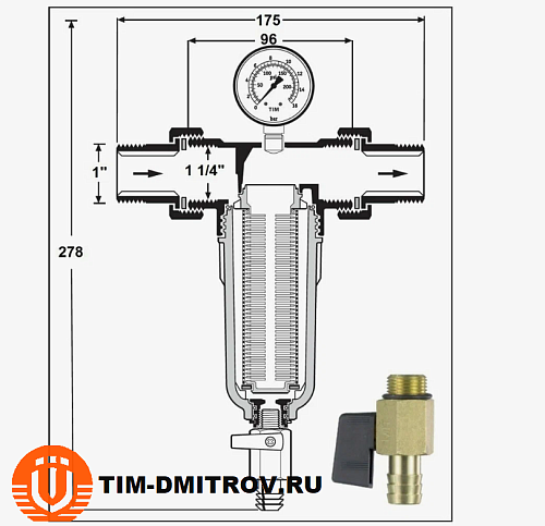 Фильтр механической очистки TIM JH-3002 муфтовый (НР/НР) 1&quot;, латунь, со сливом, с манометром