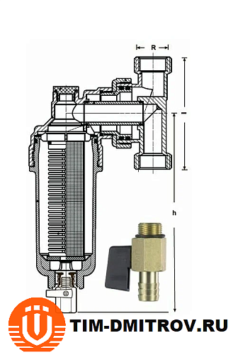 Фильтр механической очистки TIM JH-1002W3 муфтовый (НР/НР) 1/2&quot;,латунь,со сливом,с манометром
