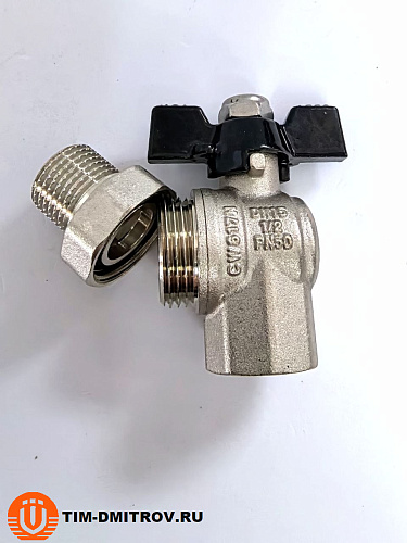 Кран угловой с американкой г/ш бабочка "STRONG" (никелированный) 1/2" TIM арт.DE1235X