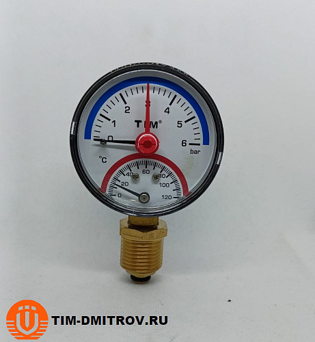 Термоманометр радиальный 63мм на 6 бар &quot;(0℃ - 120℃) Y-63-6