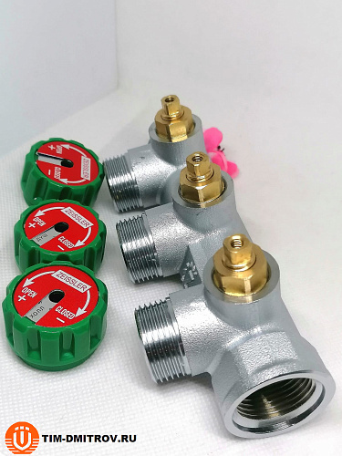 Коллектор с вентилями по 90 гр. под евроконус 3/4"*3/4" 3 выхода, арт.ZSc.401.0503NE