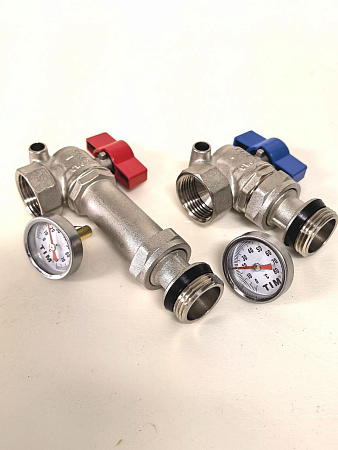 Кран шаровой угловой с полусгоном и термометром для коллекторных групп (пара) 1", M329-4