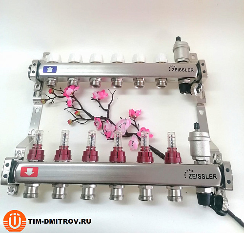 Коллекторная группа из нержавеющей стали 1*3/4 -6 выходов с расходомером ZEISSLER, арт.ZSc.405.0606S