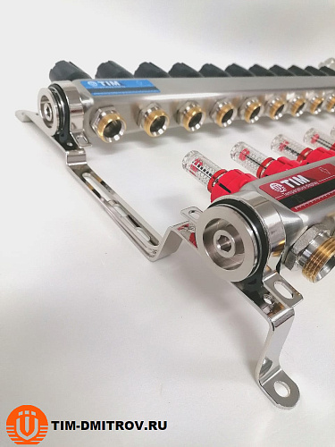 Коллектор для теплого пола TIM на 11 выходов с расходомерами из нержавеющей стали 1" - 3/4" евроконус KCS5011