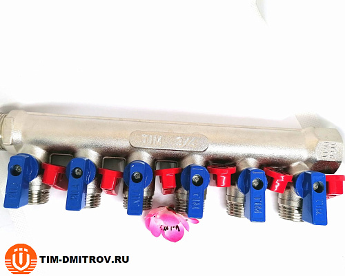 Коллектор распределительный Tim 3/4&quot;, 6 выходов 1/2&quot; под &quot;конус&quot;, с шаровыми кранами, латунь,MV-3/4-N-6