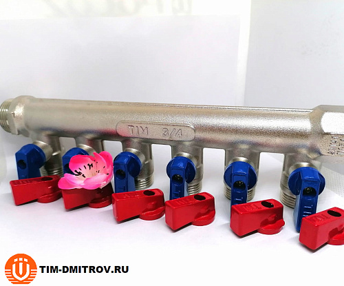 Коллектор распределительный Tim 3/4&quot;, 6 выходов 1/2&quot; под &quot;конус&quot;, с шаровыми кранами, латунь,MV-3/4-N-6