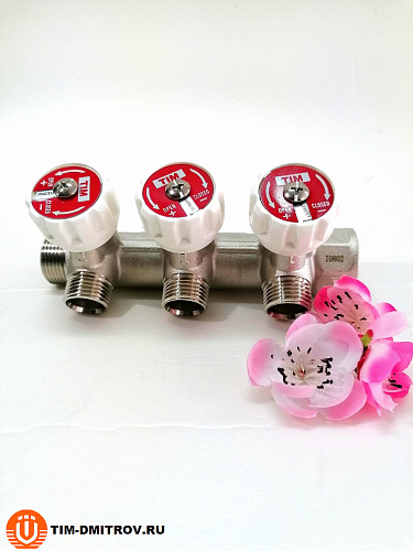 Коллектор с регулирующими вентилями под 90 градусов 3/4"х1/2"-3 отвода TIM арт.MR-03N-3