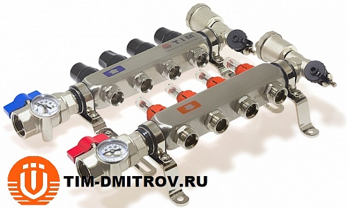 Коллекторная группа  с расходомерами  1&quot;, 4 хода, нерж. с кранами (КВАДРАТ) KAS5004