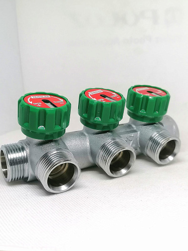 Коллектор с вентилями по 90 гр. под евроконус 3/4"*3/4" 2 выхода, арт.ZSc.401.0502NE