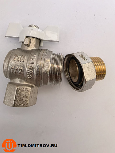 Кран шаровой угловой с американкой (бабочка белая) НИКЕЛЬ 1/2 TIM DE1235N