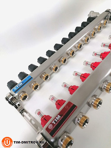 Коллектор для теплого пола TIM на 11 выходов с расходомерами из нержавеющей стали 1" - 3/4" евроконус KCS5011