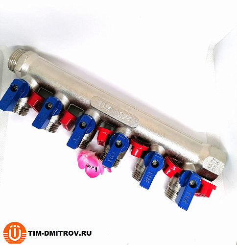 Коллектор распределительный Tim 3/4&quot;, 6 выходов 1/2&quot; под &quot;конус&quot;, с шаровыми кранами, латунь,MV-3/4-N-6