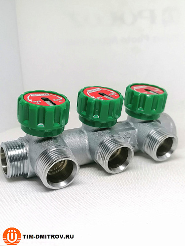 Коллектор с вентилями по 90 гр. под евроконус 3/4"*3/4" 3 выхода, арт.ZSc.401.0503NE