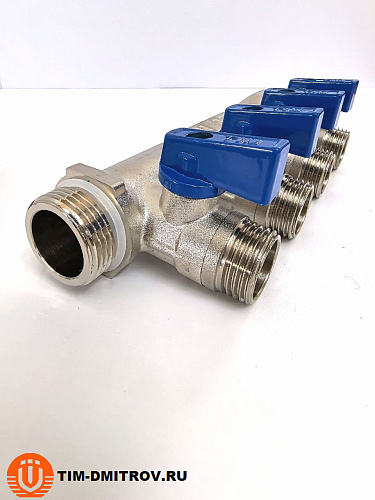 Коллектор с шаровыми кранами TIM 3/4" х 1/2" под конус - на 4 выхода MV-3/4-N-4