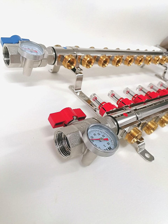 Коллекторная группа для теплого пола с расходомерами, концевыми элементами и шаровыми кранами с термометрами TIM, 10 контуров,KA010