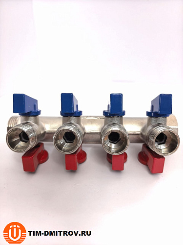 Коллектор с шаровыми кранами TIM 3/4" х 1/2" под конус - на 4 выхода MV-3/4-N-4
