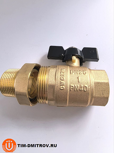 Кран шаровой с американкой TIM, 1", Г/Ш, бабочка, полный проход,DE1233
