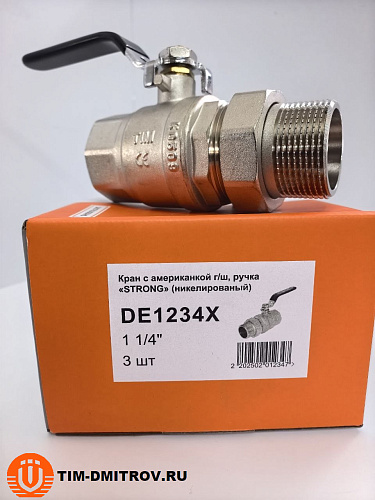 Кран шаровой никелированный ,c американкой, ручка-рычаг TIM, 11/4" Г/Ш, DE1234X