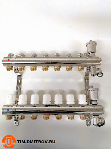 Коллекторная группа 1&quot;, 7 ходов латунный корпус без расходомера и кранов TIM KB007