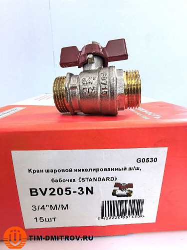 Кран шаровой STANDARD (бабочка красная) никелированный 3/4" ш/ш арт.BV205-3N