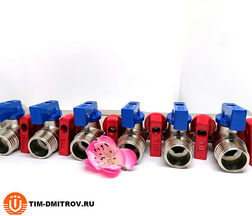 Коллектор распределительный Tim 3/4&quot;, 6 выходов 1/2&quot; под &quot;конус&quot;, с шаровыми кранами, латунь,MV-3/4-N-6