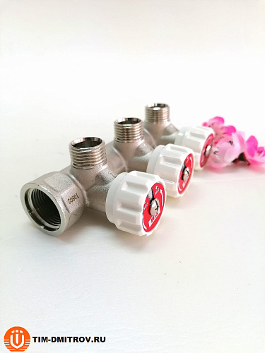 Коллектор с регулирующими вентилями под 90 градусов 3/4"х1/2"-3 отвода TIM арт.MR-03N-3