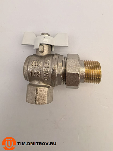 Кран шаровой угловой с американкой (бабочка белая) НИКЕЛЬ 1/2 TIM DE1235N