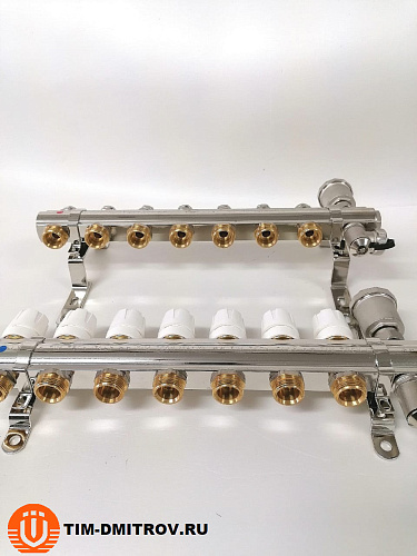 Коллекторная группа 1&quot;, 7 ходов латунный корпус без расходомера и кранов TIM KB007